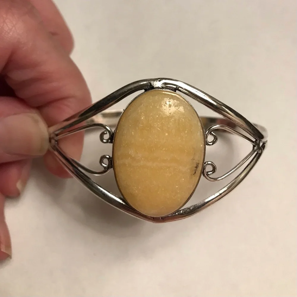 Yellow Lace Agate Stamped 925 Sterling Silver Cuff Bracelet